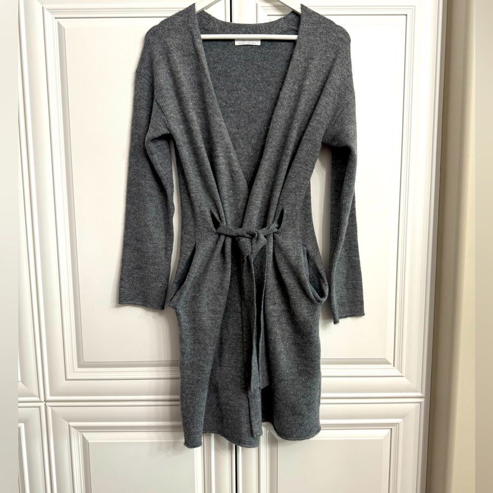 OAK + FORT Size X-Small Long Grey Cardigan with 2 Hand Pockets and Belt Wrap
